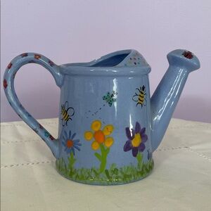 Hand-Painted Blue Watering Can with Floral Design